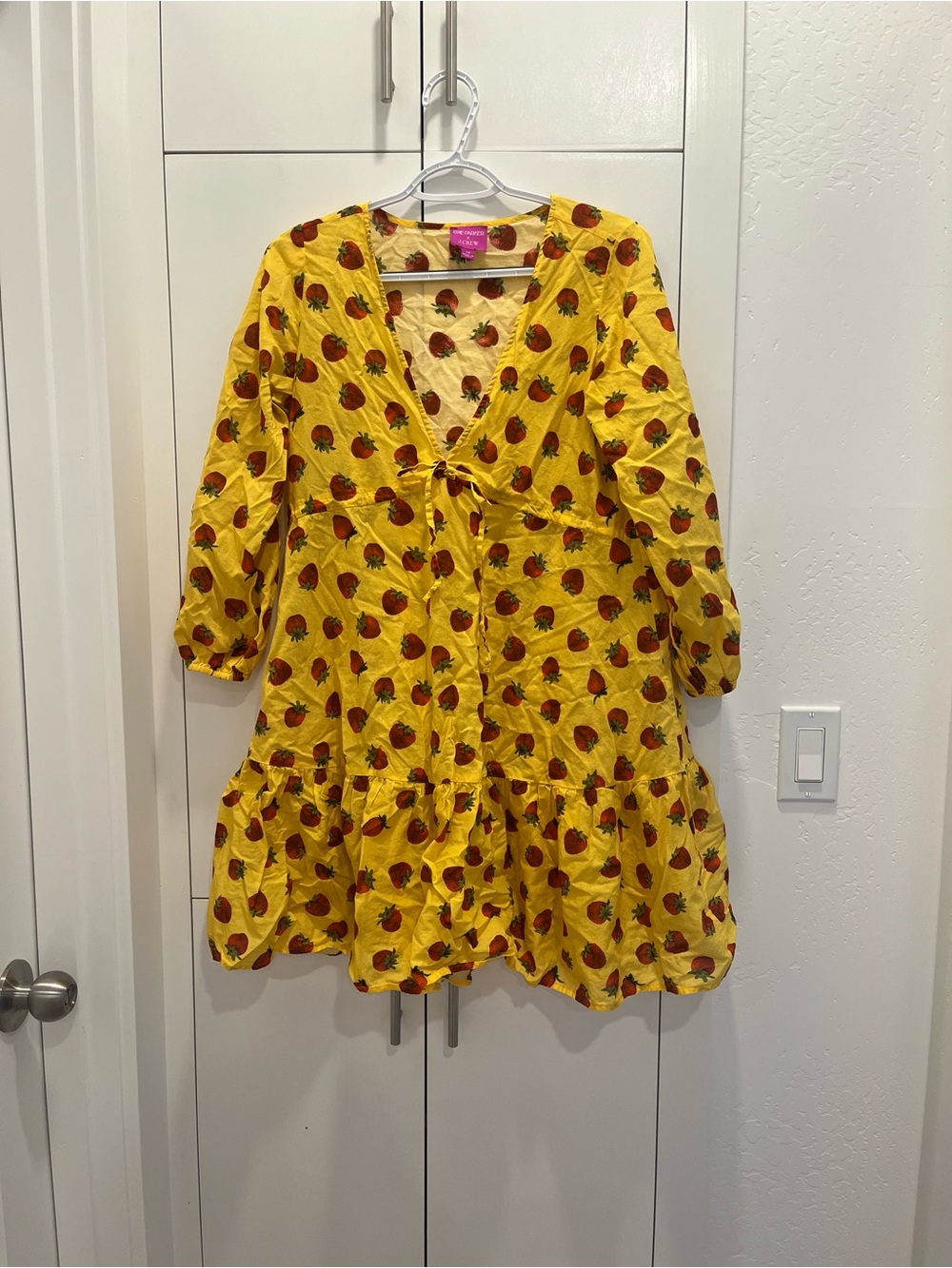 Edie Parker Yellow Strawberry-Print Tie-Front Dress